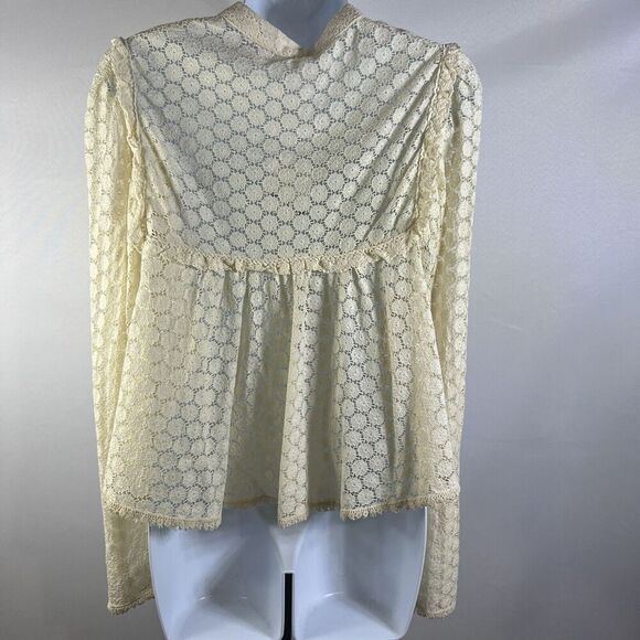 Free People Blouse Ivory Victorian Ruffle Lace Floral JacketCrochet Brass Med. - Picture 12 of 16